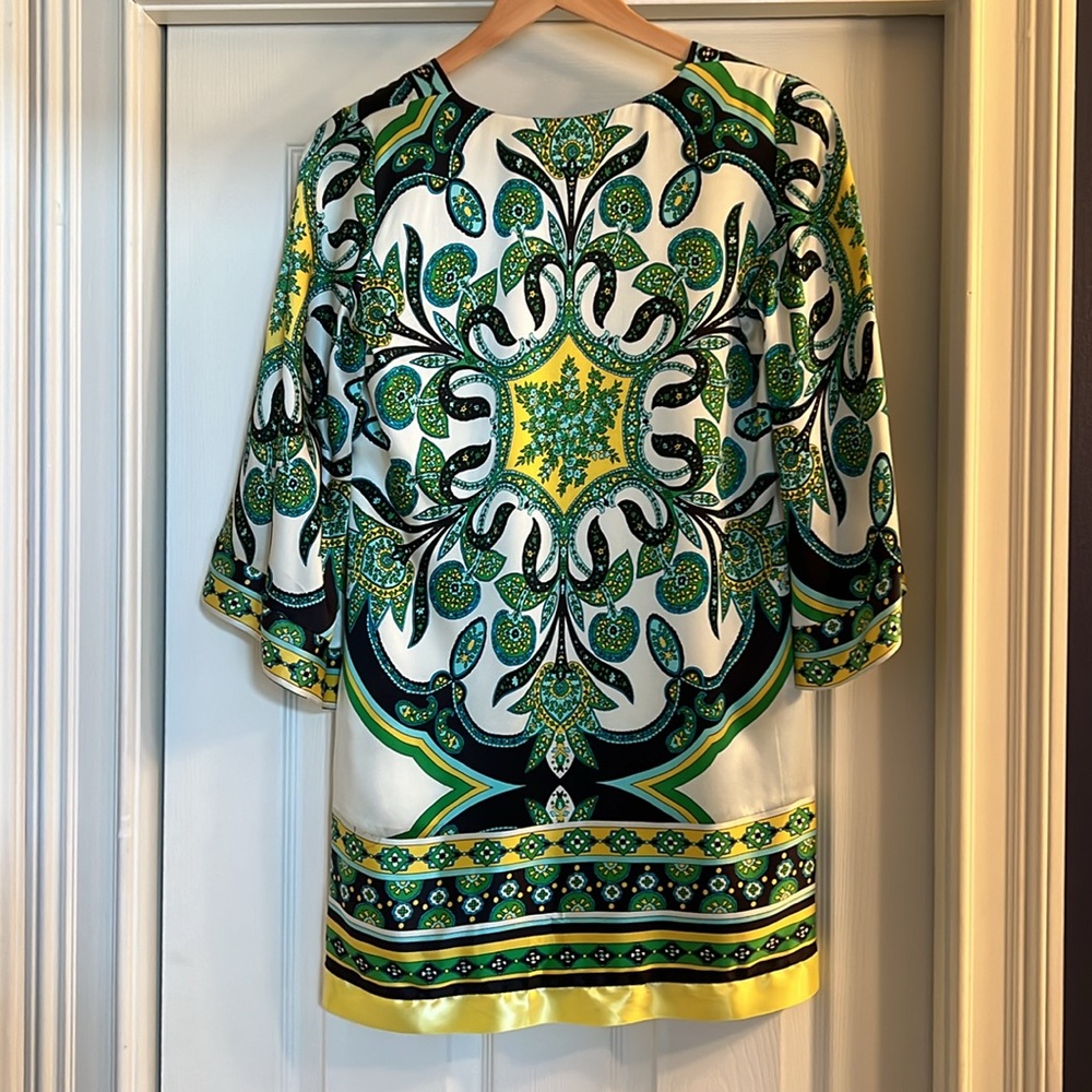 Alice & Trixie Blue, Green, Yellow &  White 100% Silk Dress XSmall - Picture 3 of 4